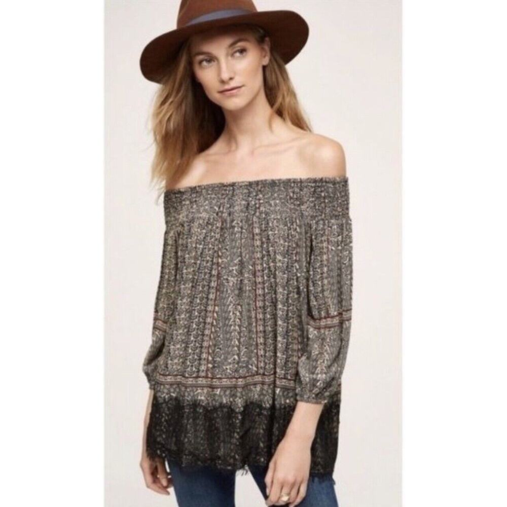 Anthropologie‎ Vanessa Virginia Top M Multi Augusta Off-Shoulder Lace Trim Boho